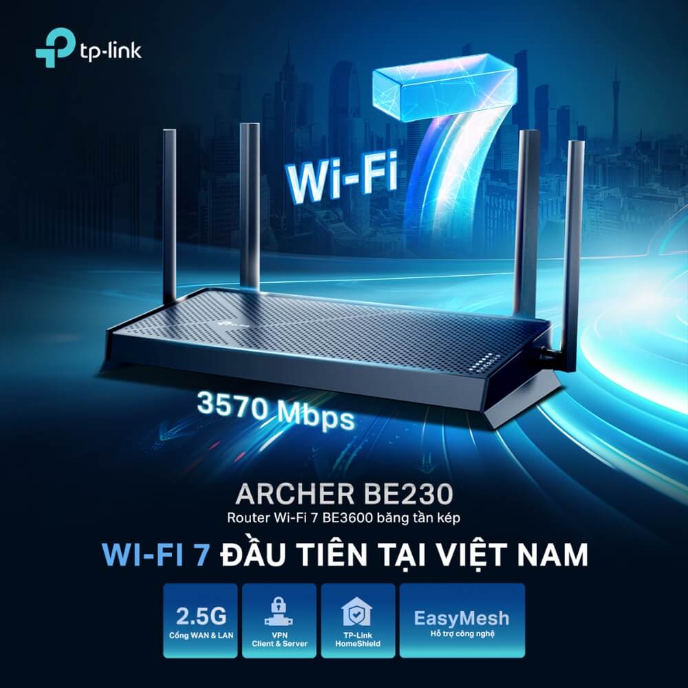 Thiết bị định tuyến Router Wifi Archer BE230 (Router Wi-Fi 7 Băng Tần Kép BE3600)